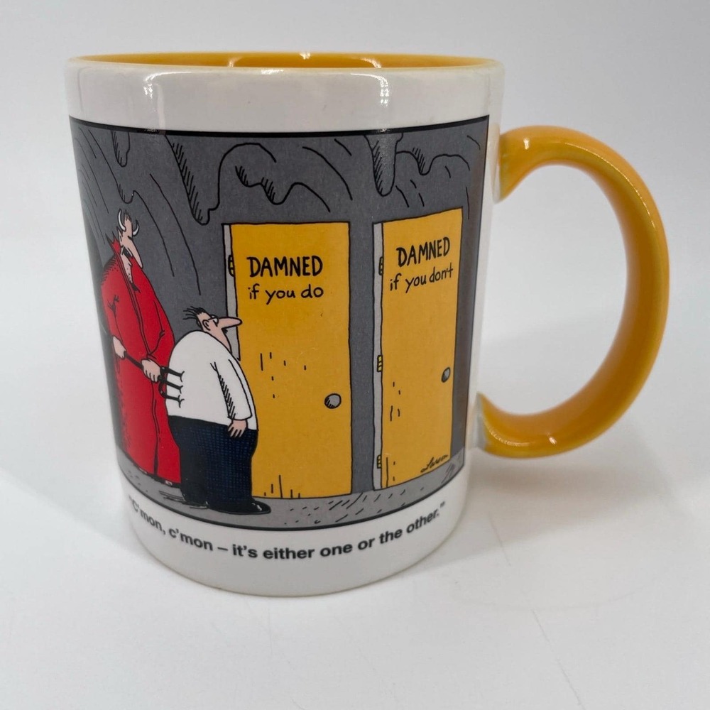 Far Side Gary Larson Mug Damned If You Do Don't Vintage 1998 Yellow Devil Humor